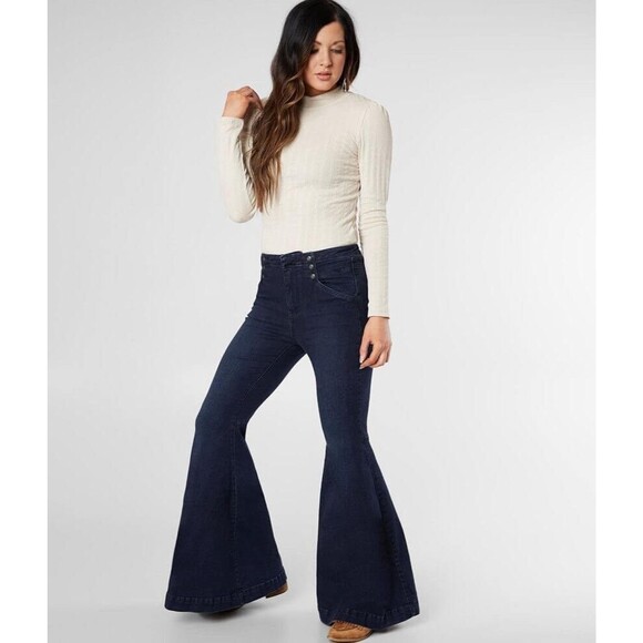 Free People Jeans Womens W25 Super Flare Bell Bottom Dark Wash Blue Denim Hippie - Picture 1 of 16